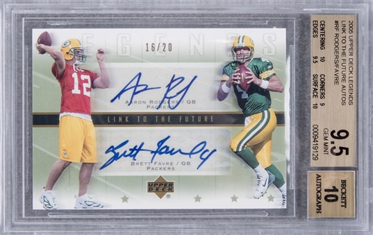 2005 Upper Deck "Link To The Future" #LF-RF Aaron Rodgers/Brett Favre Dual-Signed LE Card (#16/20) – BGS GEM MINT 9.5/BGS 10